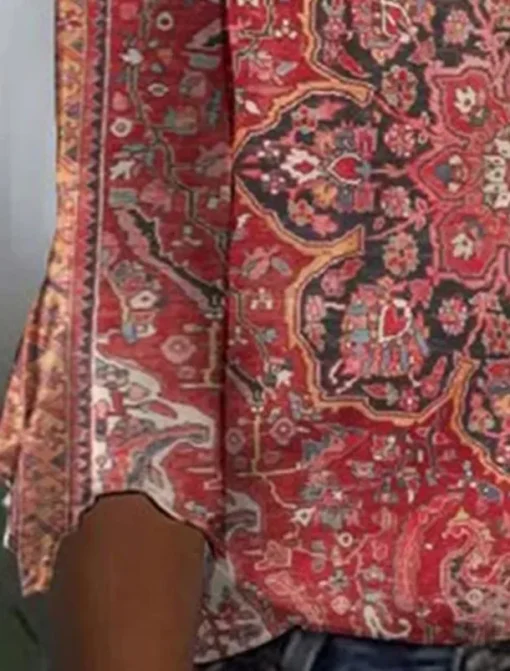Women's T Shirt Henley Shirt Floral Vintage Ethnic Daily Basic 3/4 Length Sleeve V Neck Regular Tops Holiday Weekend Buttons Print Red Purple Green Khaki Gray Fall & Winter