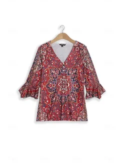 Women's T Shirt Henley Shirt Floral Vintage Ethnic Daily Basic 3/4 Length Sleeve V Neck Regular Tops Holiday Weekend Buttons Print Red Purple Green Khaki Gray Fall & Winter