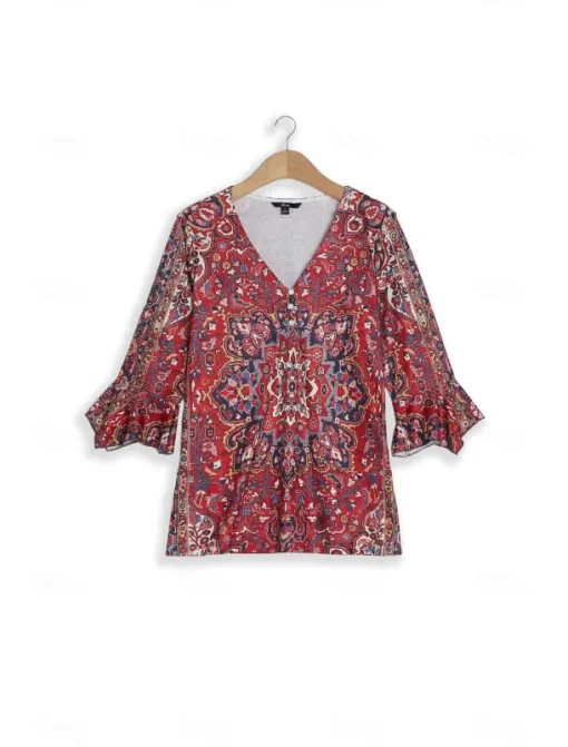 Women's T Shirt Henley Shirt Floral Vintage Ethnic Daily Basic 3/4 Length Sleeve V Neck Regular Tops Holiday Weekend Buttons Print Red Purple Green Khaki Gray Fall & Winter