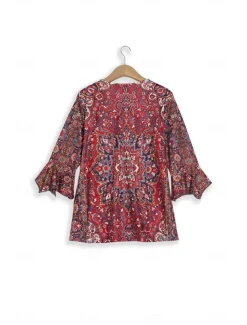 Women's T Shirt Henley Shirt Floral Vintage Ethnic Daily Basic 3/4 Length Sleeve V Neck Regular Tops Holiday Weekend Buttons Print Red Purple Green Khaki Gray Fall & Winter