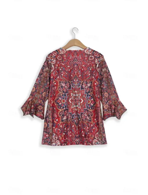 Women's T Shirt Henley Shirt Floral Vintage Ethnic Daily Basic 3/4 Length Sleeve V Neck Regular Tops Holiday Weekend Buttons Print Red Purple Green Khaki Gray Fall & Winter