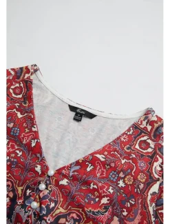 Women's T Shirt Henley Shirt Floral Vintage Ethnic Daily Basic 3/4 Length Sleeve V Neck Regular Tops Holiday Weekend Buttons Print Red Purple Green Khaki Gray Fall & Winter