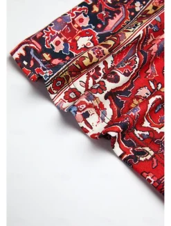 Women's T Shirt Henley Shirt Floral Vintage Ethnic Daily Basic 3/4 Length Sleeve V Neck Regular Tops Holiday Weekend Buttons Print Red Purple Green Khaki Gray Fall & Winter