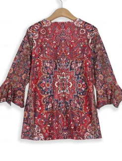Women's T Shirt Henley Shirt Floral Vintage Ethnic Daily Basic 3/4 Length Sleeve V Neck Regular Tops Holiday Weekend Buttons Print Red Purple Green Khaki Gray Fall & Winter