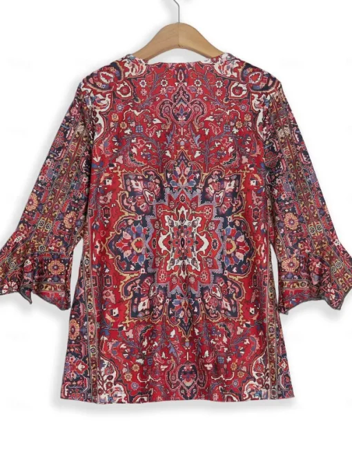 Women's T Shirt Henley Shirt Floral Vintage Ethnic Daily Basic 3/4 Length Sleeve V Neck Regular Tops Holiday Weekend Buttons Print Red Purple Green Khaki Gray Fall & Winter