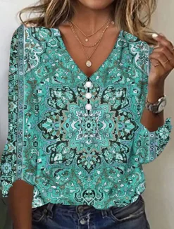 Women's T Shirt Henley Shirt Floral Vintage Ethnic Daily Basic 3/4 Length Sleeve V Neck Regular Tops Holiday Weekend Buttons Print Red Purple Green Khaki Gray Fall & Winter