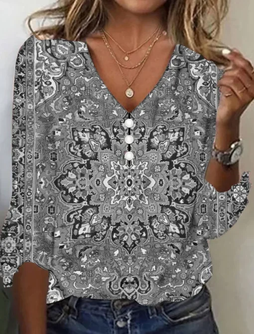 Women's T Shirt Henley Shirt Floral Vintage Ethnic Daily Basic 3/4 Length Sleeve V Neck Regular Tops Holiday Weekend Buttons Print Red Purple Green Khaki Gray Fall & Winter