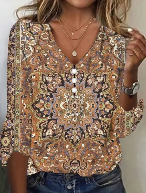 Women's T Shirt Henley Shirt Floral Vintage Ethnic Daily Basic 3/4 Length Sleeve V Neck Regular Tops Holiday Weekend Buttons Print Red Purple Green Khaki Gray Fall & Winter