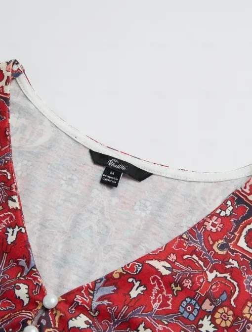 Women's T Shirt Henley Shirt Floral Vintage Ethnic Daily Basic 3/4 Length Sleeve V Neck Regular Tops Holiday Weekend Buttons Print Red Purple Green Khaki Gray Fall & Winter