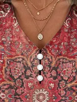 Women's T Shirt Henley Shirt Floral Vintage Ethnic Daily Basic 3/4 Length Sleeve V Neck Regular Tops Holiday Weekend Buttons Print Red Purple Green Khaki Gray Fall & Winter