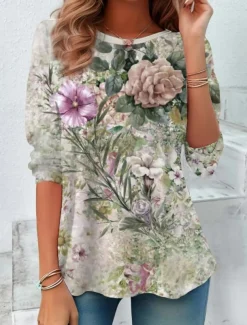 Women's T shirt Long Sleeve Crew Neck Long Sleeve Tunic Floral Elegant Vintage Casual Regular Tops Daily Print Sage Green Spring Fall Prefall