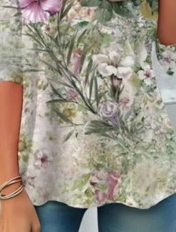Women's T shirt Long Sleeve Crew Neck Long Sleeve Tunic Floral Elegant Vintage Casual Regular Tops Daily Print Sage Green Spring Fall Prefall