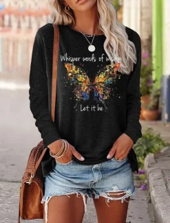 Women's T shirt Long Sleeve Tee Black Pink Blue Butterfly Letter Print Long Sleeve Casual Hawaiian Round Neck Long Loose Fit Butterfly S Prefall