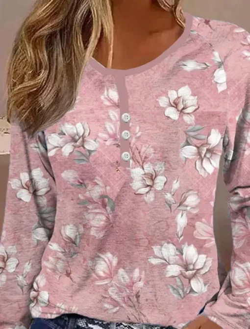 Women's T shirt Long Sleeve Striped Daily Casual Long Sleeve V Neck Regular Tops Daily Holiday Buttons Pink Red Gray Spring Fall Winter Prefall