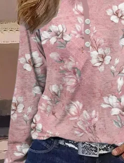 Women's T shirt Long Sleeve Striped Daily Casual Long Sleeve V Neck Regular Tops Daily Holiday Buttons Pink Red Gray Spring Fall Winter Prefall
