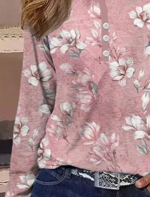 Women's T shirt Long Sleeve Striped Daily Casual Long Sleeve V Neck Regular Tops Daily Holiday Buttons Pink Red Gray Spring Fall Winter Prefall