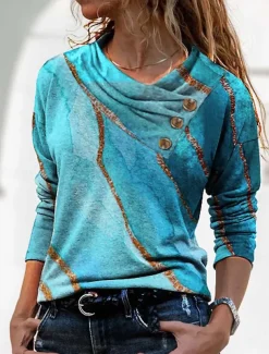 Women's T shirt Long Sleeve Geometric Abstract Basic Long Sleeve Pile Neck V Neck Regular Tops Daily Weekend Buttons Print Royal Blue Blue Gray Spring Fall Winter Prefall
