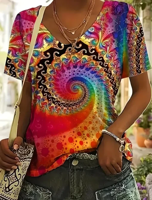 Women's T Shirt Ombre Bohemia Fashion Hawaiian Long Sleeve V Neck Regular Tops Daily Sports Going out Print Red Summer Spring
