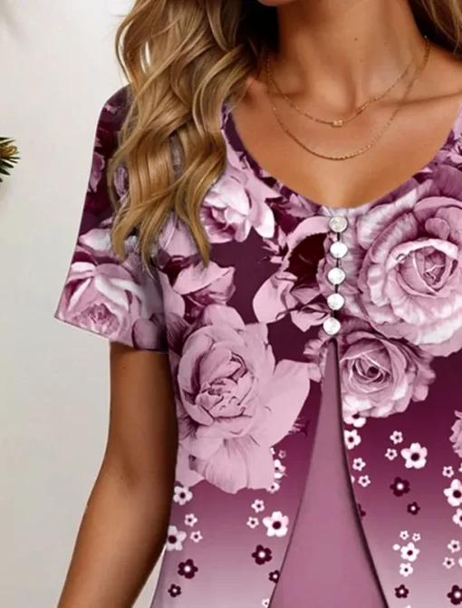 Women's T Shirt Ombre Floral Graphic Elegant Vintage Stylish Short Sleeve Crew Neck Round Neck Regular Tops Daily Going out Patchwork Buttons Tiered Dusty Blue Fuchsia Summer Spring