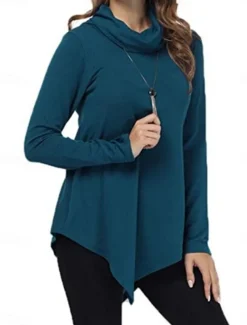 Women's T Shirt Plain Fashion Modern Casual Long Sleeve Pile Neck Regular Tops Daily Weekend Black Dark Green Gray Fall Winter