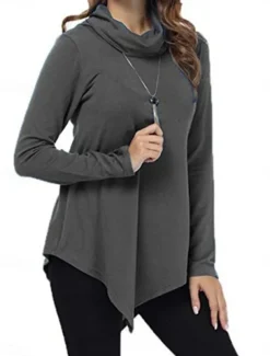 Women's T Shirt Plain Fashion Modern Casual Long Sleeve Pile Neck Regular Tops Daily Weekend Black Dark Green Gray Fall Winter