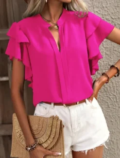 Women's T Shirt Plain Fashion Modern Casual Short Sleeve Notched Neck Regular Tops Daily Weekend Ruffle Blue Fuchsia Summer Spring
