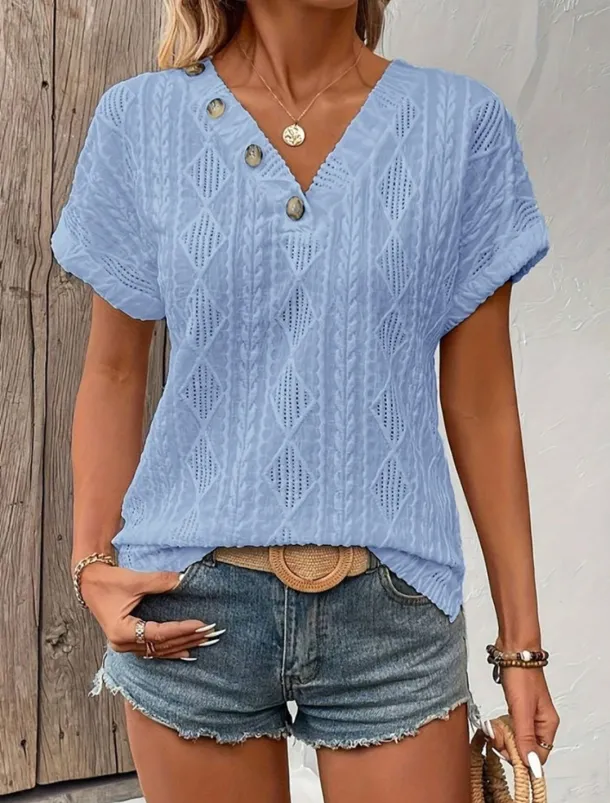 Women's T Shirt Plain Fashion Modern Casual Short Sleeve V Neck Regular Tops Daily Weekend Buttons White Blue Summer