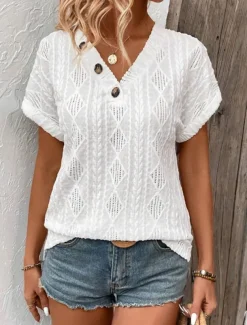 Women's T Shirt Plain Fashion Modern Casual Short Sleeve V Neck Regular Tops Daily Weekend Buttons White Blue Summer