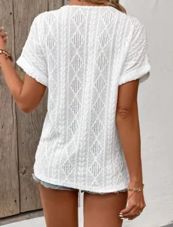 Women's T Shirt Plain Fashion Modern Casual Short Sleeve V Neck Regular Tops Daily Weekend Buttons White Blue Summer