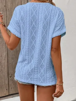 Women's T Shirt Plain Fashion Modern Casual Short Sleeve V Neck Regular Tops Daily Weekend Buttons White Blue Summer