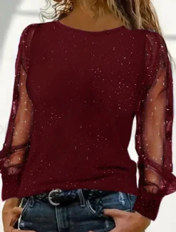 Women's T Shirt Plain Fashion Modern Casual Long Sleeve Crew Neck Regular Tops Daily Weekend Mesh Patchwork Black Wine Blue Fall Winter