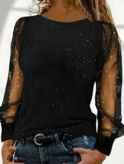 Women's T Shirt Plain Fashion Modern Casual Long Sleeve Crew Neck Regular Tops Daily Weekend Mesh Patchwork Black Wine Blue Fall Winter