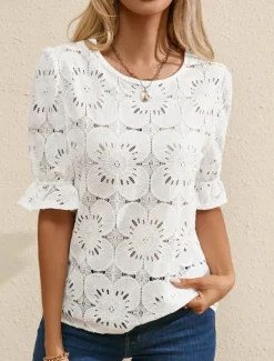 Women's T Shirt Plain Fashion Modern Casual Half Sleeve Crew Neck Regular Tops Daily Weekend Ruffle Black White Summer