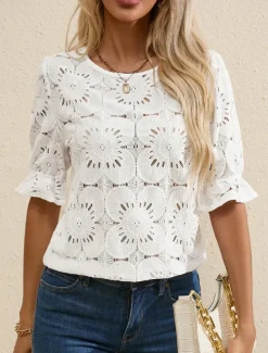 Women's T Shirt Plain Fashion Modern Casual Half Sleeve Crew Neck Regular Tops Daily Weekend Ruffle Black White Summer