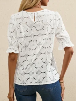 Women's T Shirt Plain Fashion Modern Casual Half Sleeve Crew Neck Regular Tops Daily Weekend Ruffle Black White Summer