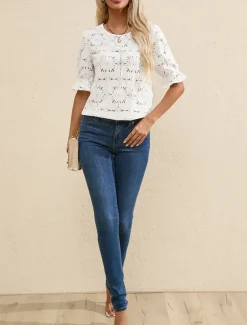 Women's T Shirt Plain Fashion Modern Casual Half Sleeve Crew Neck Regular Tops Daily Weekend Ruffle Black White Summer