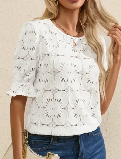 Women's T Shirt Plain Fashion Modern Casual Half Sleeve Crew Neck Regular Tops Daily Weekend Ruffle Black White Summer