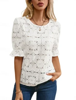 Women's T Shirt Plain Fashion Modern Casual Half Sleeve Crew Neck Regular Tops Daily Weekend Ruffle Black White Summer