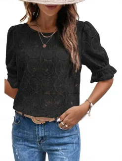 Women's T Shirt Plain Fashion Modern Casual Half Sleeve Crew Neck Regular Tops Daily Weekend Ruffle Black White Summer