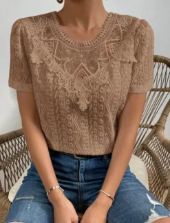 Women's T Shirt Plain Fashion Modern Casual Short Sleeve Crew Neck Regular Tops Daily Weekend Lace Patchwork Black White Pink Blue Khaki Summer