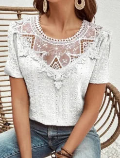 Women's T Shirt Plain Fashion Modern Casual Short Sleeve Crew Neck Regular Tops Daily Weekend Lace Patchwork Black White Pink Blue Khaki Summer