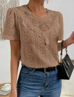 Women's T Shirt Plain Fashion Modern Casual Short Sleeve Crew Neck Regular Tops Daily Weekend Lace Patchwork Black White Pink Blue Khaki Summer