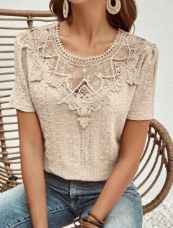 Women's T Shirt Plain Fashion Modern Casual Short Sleeve Crew Neck Regular Tops Daily Weekend Lace Patchwork Black White Pink Blue Khaki Summer