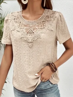 Women's T Shirt Plain Fashion Modern Casual Short Sleeve Crew Neck Regular Tops Daily Weekend Lace Patchwork Black White Pink Blue Khaki Summer