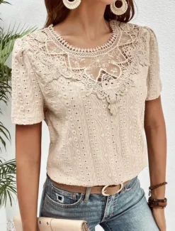 Women's T Shirt Plain Fashion Modern Casual Short Sleeve Crew Neck Regular Tops Daily Weekend Lace Patchwork Black White Pink Blue Khaki Summer