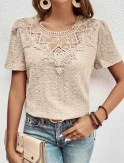 Women's T Shirt Plain Fashion Modern Casual Short Sleeve Crew Neck Regular Tops Daily Weekend Lace Patchwork Black White Pink Blue Khaki Summer