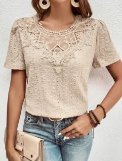 Women's T Shirt Plain Fashion Modern Casual Short Sleeve Crew Neck Regular Tops Daily Weekend Lace Patchwork Black White Pink Blue Khaki Summer