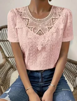 Women's T Shirt Plain Fashion Modern Casual Short Sleeve Crew Neck Regular Tops Daily Weekend Lace Patchwork Black White Pink Blue Khaki Summer