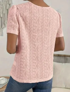 Women's T Shirt Plain Fashion Modern Casual Short Sleeve Crew Neck Regular Tops Daily Weekend Lace Patchwork Black White Pink Blue Khaki Summer