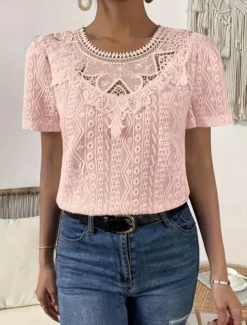 Women's T Shirt Plain Fashion Modern Casual Short Sleeve Crew Neck Regular Tops Daily Weekend Lace Patchwork Black White Pink Blue Khaki Summer